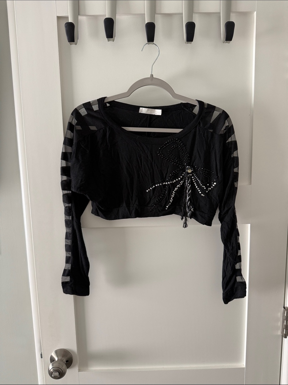 Studded Bow Black Cropped Long-Sleeve Top
